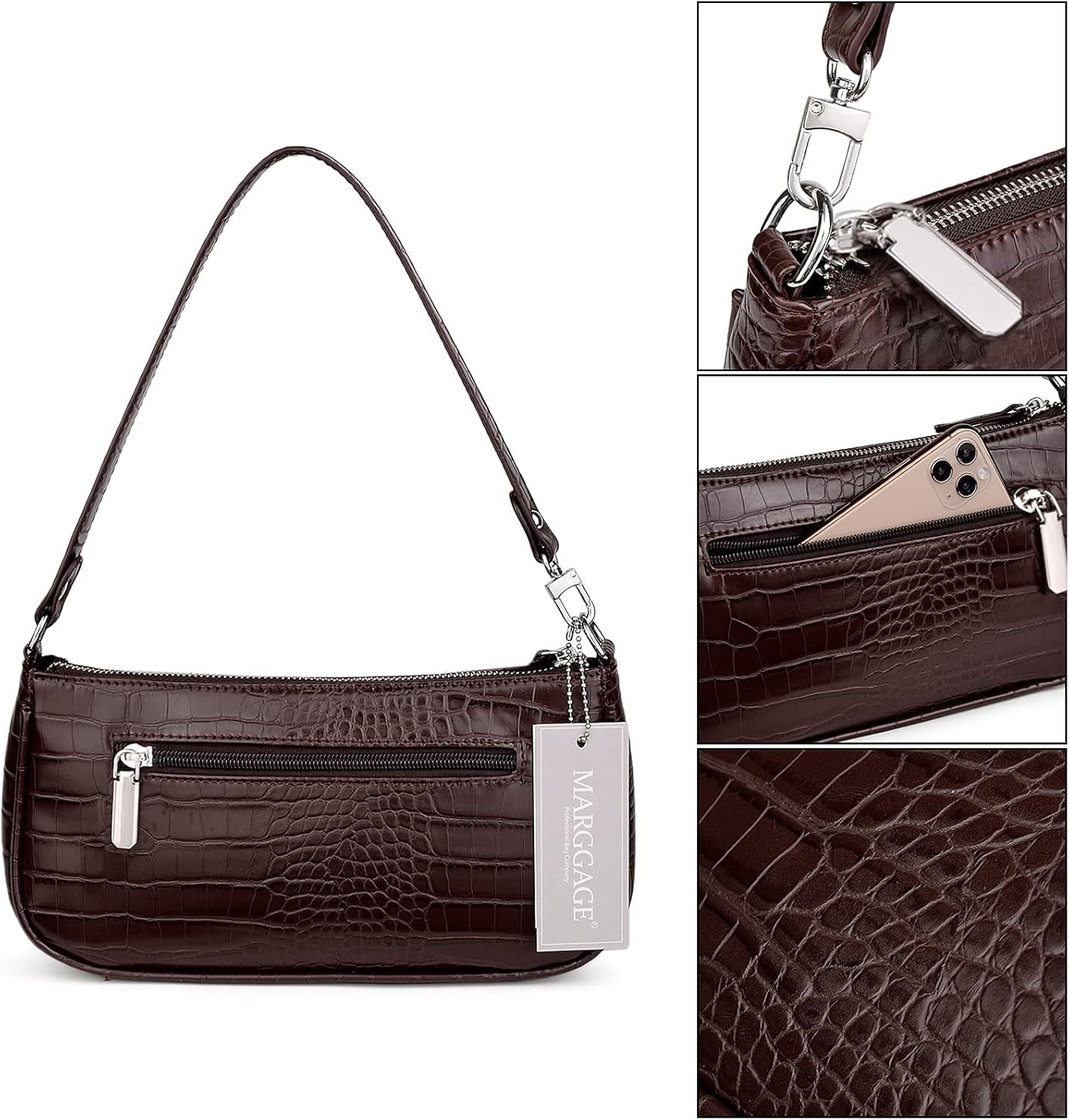 Retro Classic Clutch Handbags for Women Embossed Crocodile Effect Shoulder Bag Underarm Purse Tote Bag with Zipper Closure