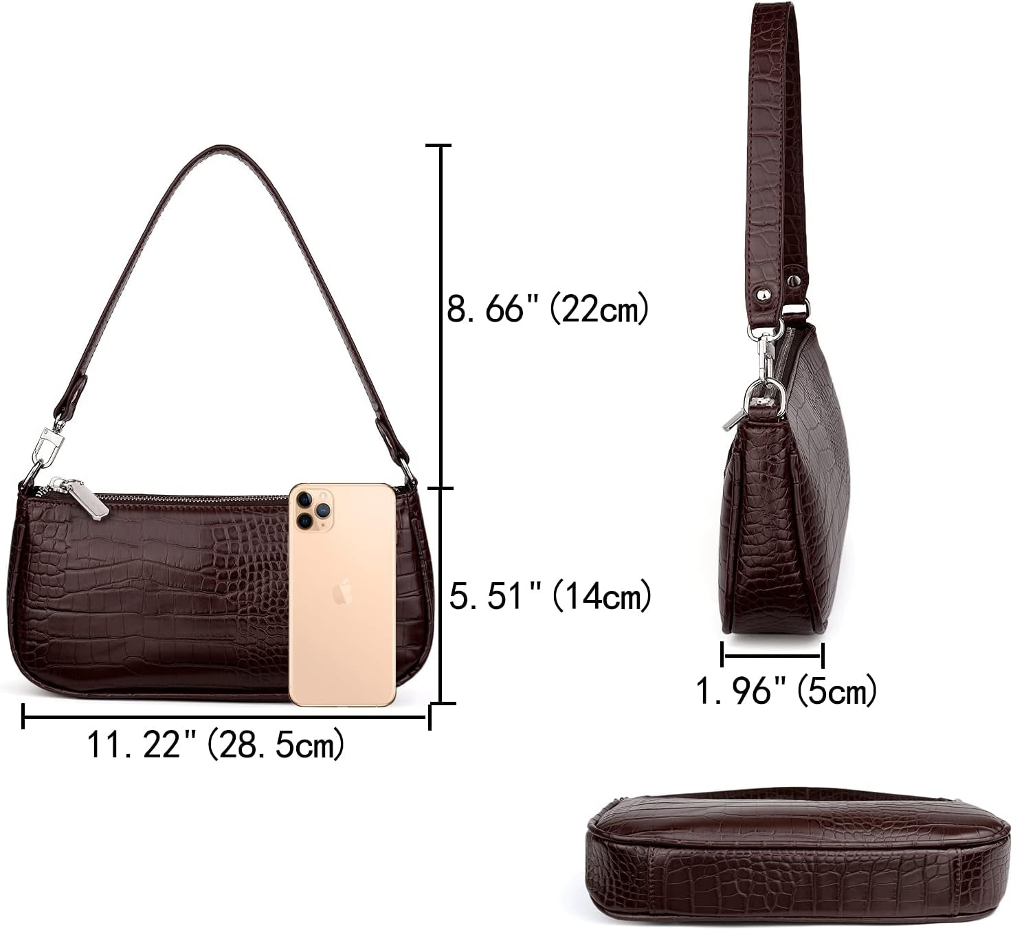 Retro Classic Clutch Handbags for Women Embossed Crocodile Effect Shoulder Bag Underarm Purse Tote Bag with Zipper Closure